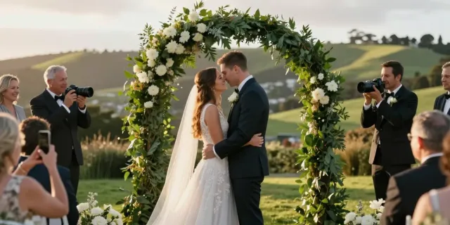 Dunedin wedding photographer capturing an intimate moment during an outdoor wedding ceremony in beautiful natural surroundings.