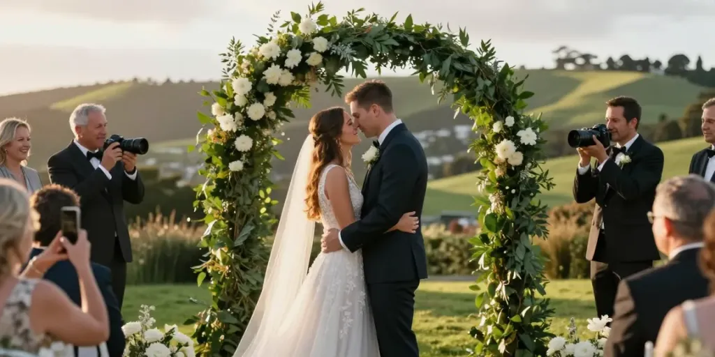 Dunedin wedding photographer capturing an intimate moment during an outdoor wedding ceremony in beautiful natural surroundings.