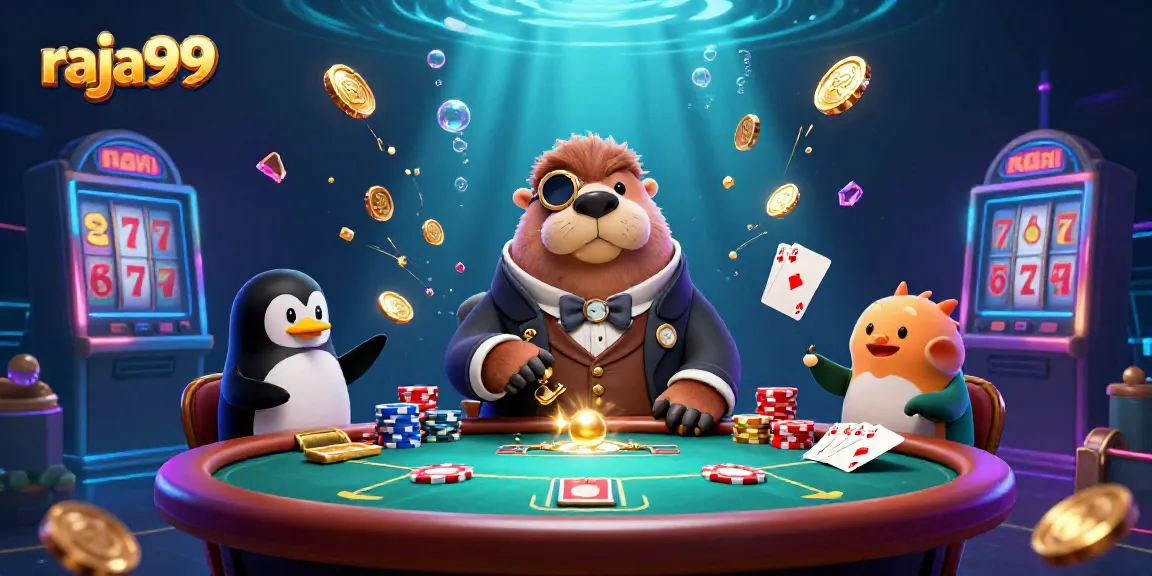 Engage with raja99 at an underwater poker scene featuring casino characters and vibrant game elements.