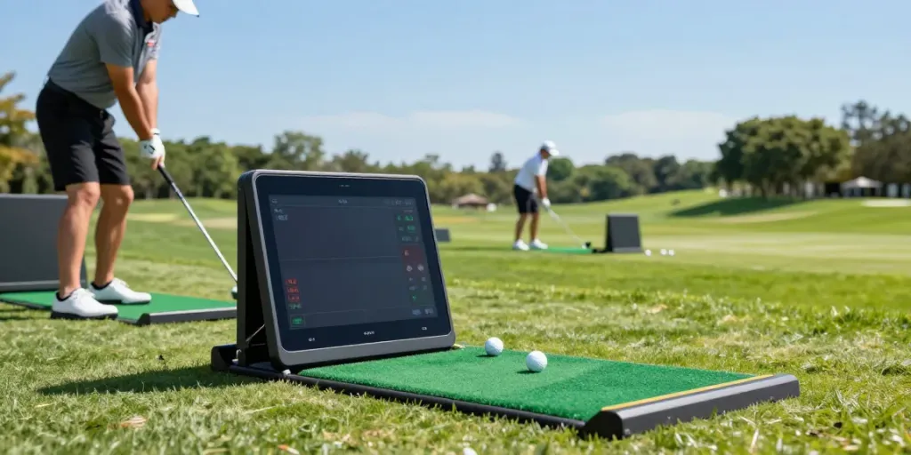 Golfer using budget golf launch monitors at a driving range with smartphone displaying data.