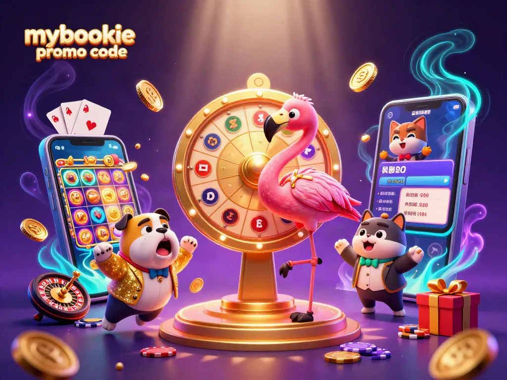 Spin and win with mybookie promo code in a vibrant 3D casino scene featuring characters and game elements.