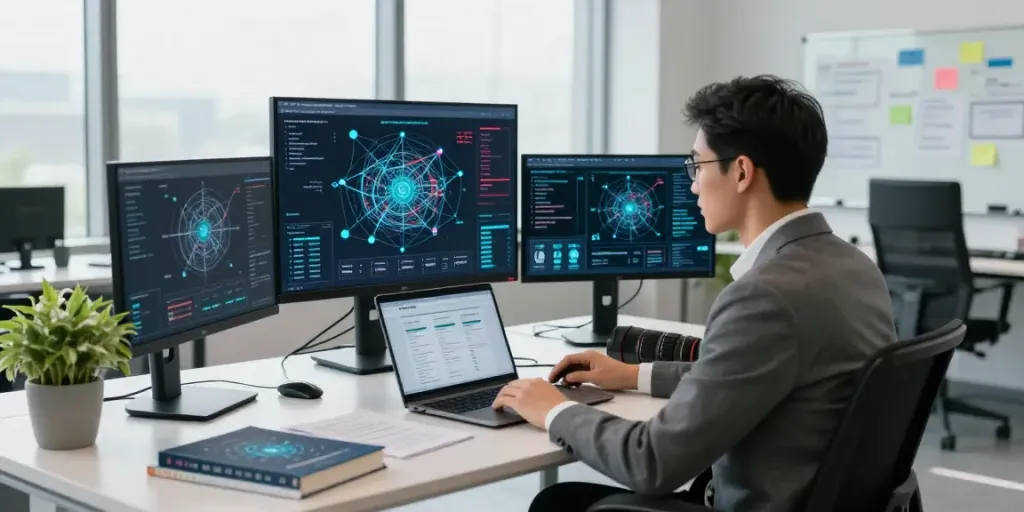Engaging scene of cyber intelligence analysis showcasing advanced security practices in a modern office.