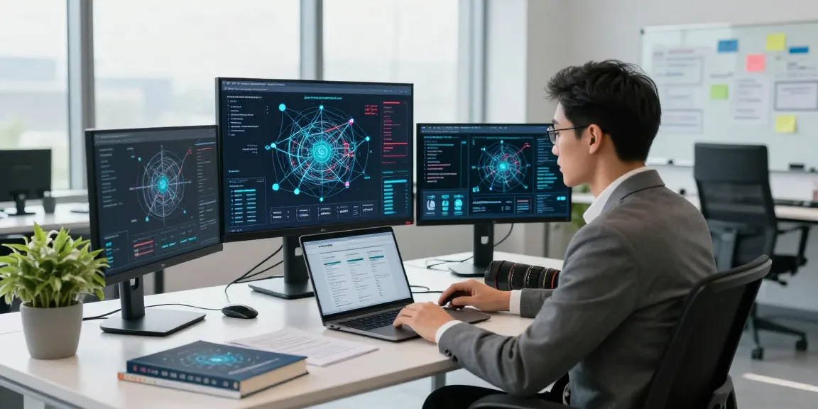 Engaging scene of cyber intelligence analysis showcasing advanced security practices in a modern office.