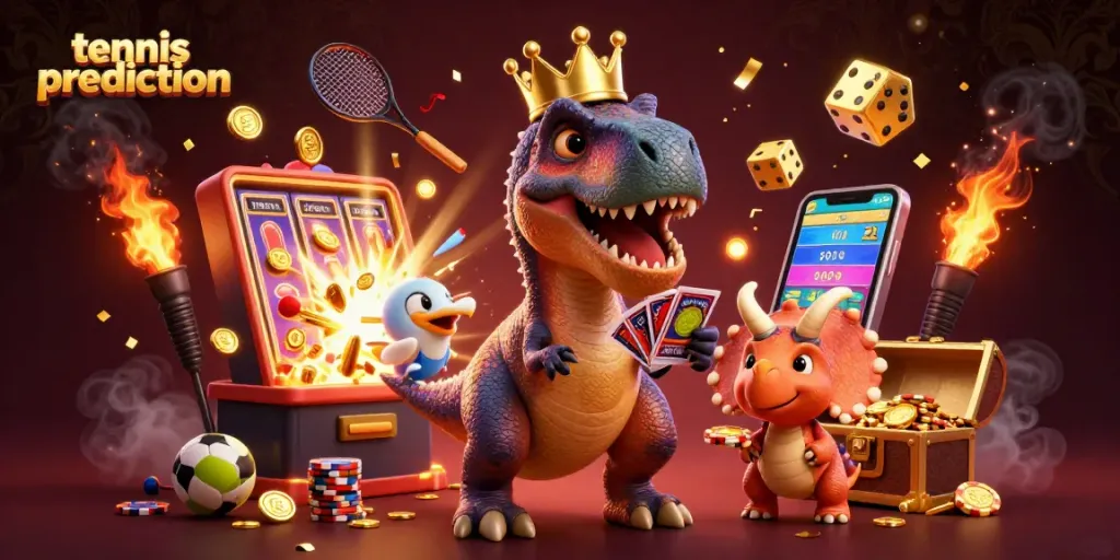 Tennis prediction visualized with vibrant 3D characters and rich casino elements showcasing dynamic sports betting.