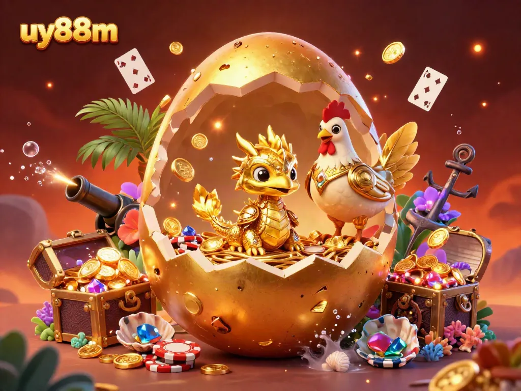 Experience online gaming excitement at uy88m with a golden dragon surrounded by poker chips.