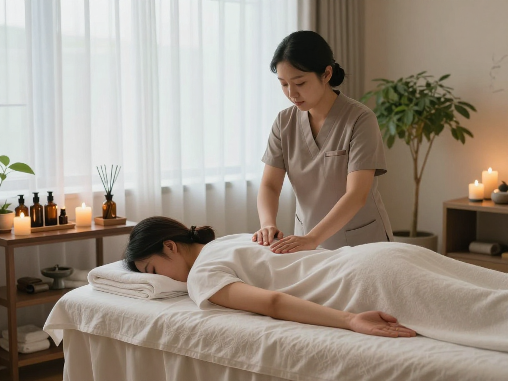 Enjoying a calming 안양출장마사지 in a tranquil wellness studio with soothing ambiance.