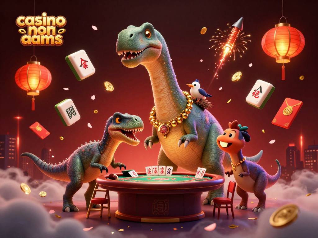 Gioca nei casino non AAMS con un brontosauro che osserva il tavolo da poker, circondato da elementi di gioco affascinanti.