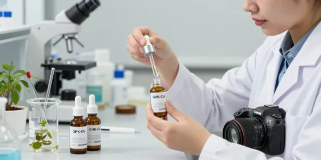 GHK-Cu peptide formulation in a skincare lab with a scientist.