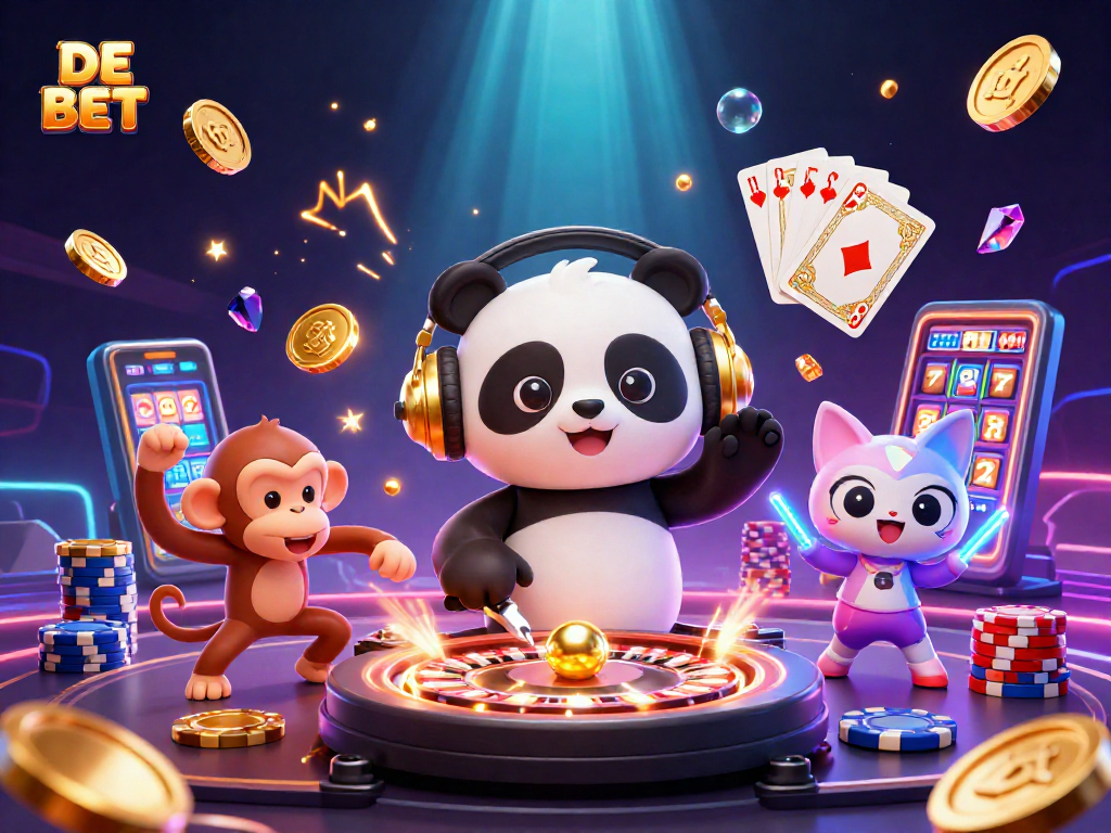 Experience the thrilling vibes of DE BET with a dynamic 3D illustration of a DJ panda, dancing monkey, and rave kitten.