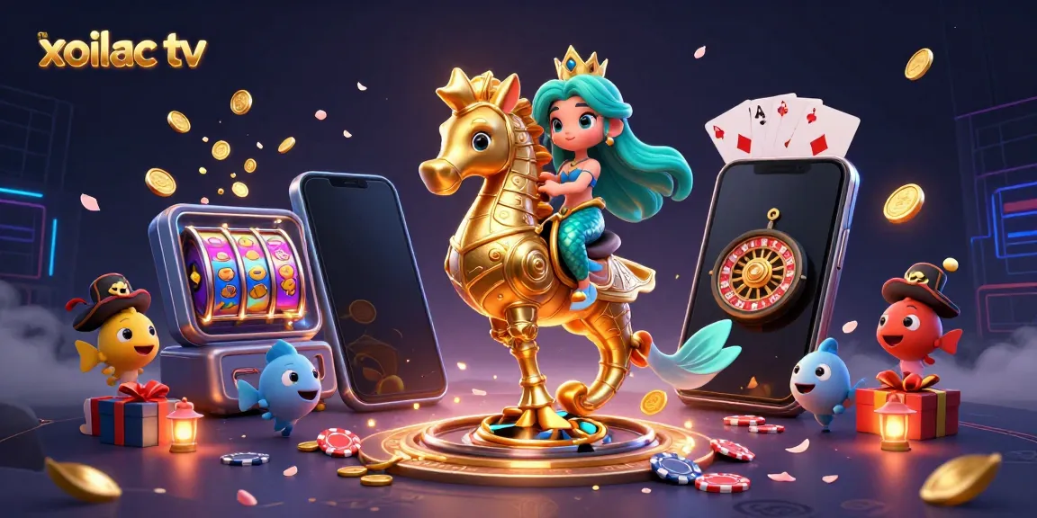 Xoilac TV showcases vibrant gameplay with a cartoon mermaid, giant seahorse, and animated casino elements.
