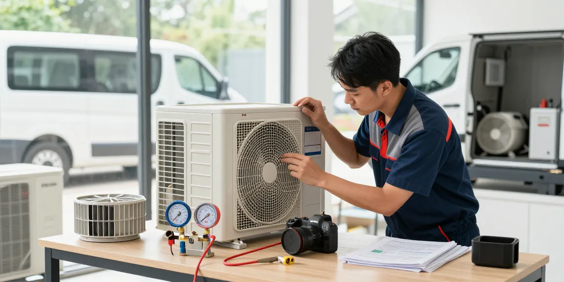 Technician diagnosing a central type AC unit in a bright home setting, showcasing appliance repair expertise.