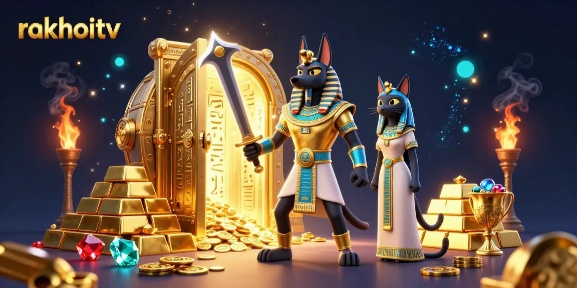 Experience the dynamic excitement of rakhoitv with Anubis and Bastet surrounded by treasures and glow.