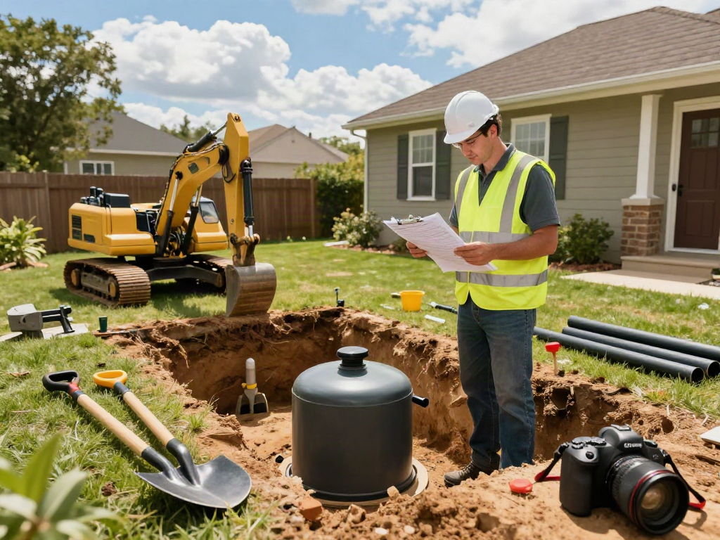 Septic tanks Riverside installation scene with technician and tools in sunny backyard