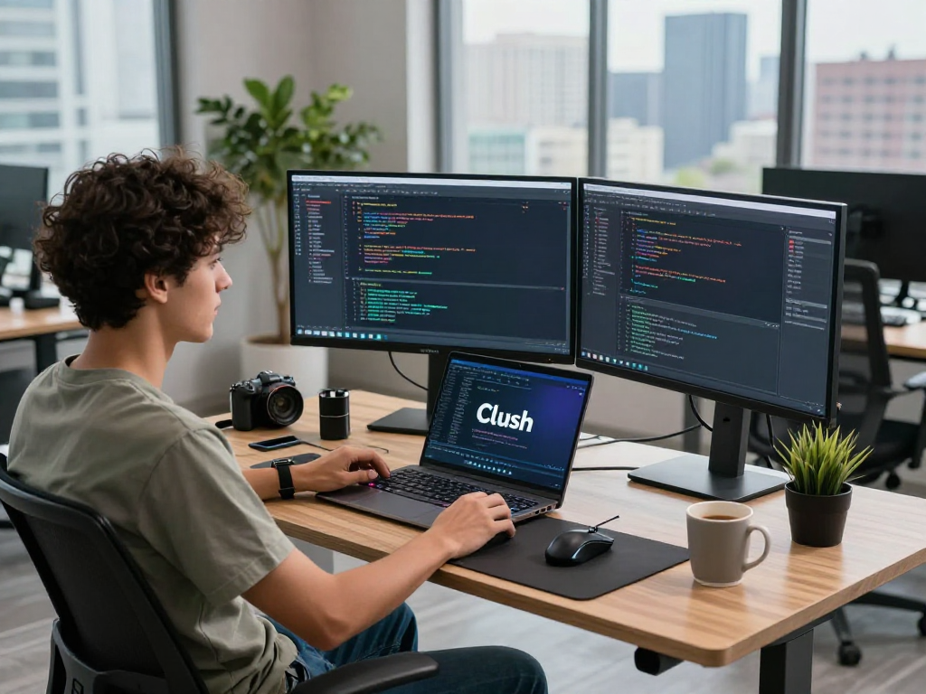 在clash官网开发者工作环境中，程序员专注于编程，现代办公场景充满活力与创造力。
