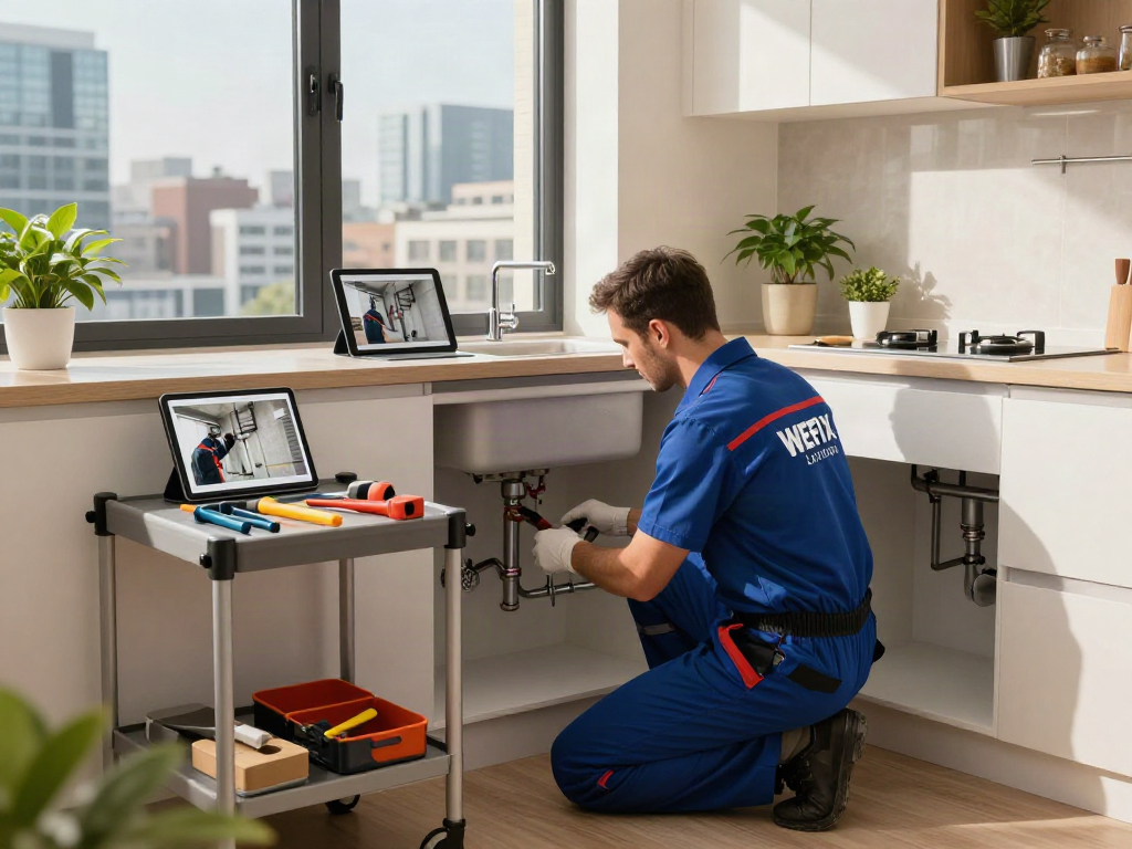 WEFIX London plumber efficiently repairing a kitchen sink in a modern apartment, showcasing professional service.