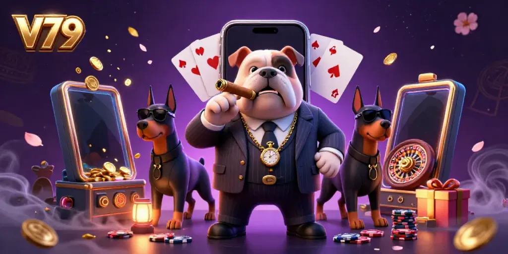 V79 casino scene featuring a bulldog mafia boss and Doberman bodyguards amidst golden coins and animated slot games.