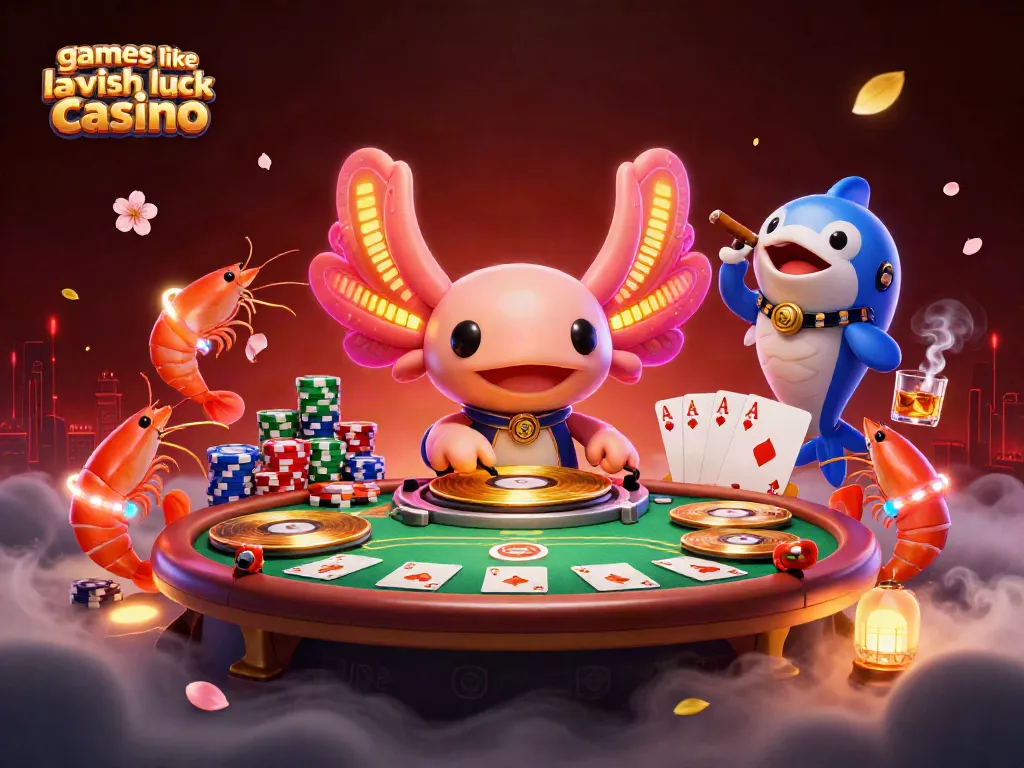 Spin and win at games like lavish luck casino with vibrant axolotl DJ and animated sea creatures.