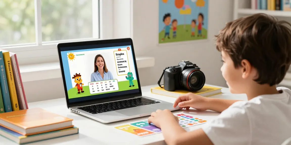 Interactive English online for kids lesson with a child learning joyfully with a tutor on a laptop, vibrant educational materials surrounding.
