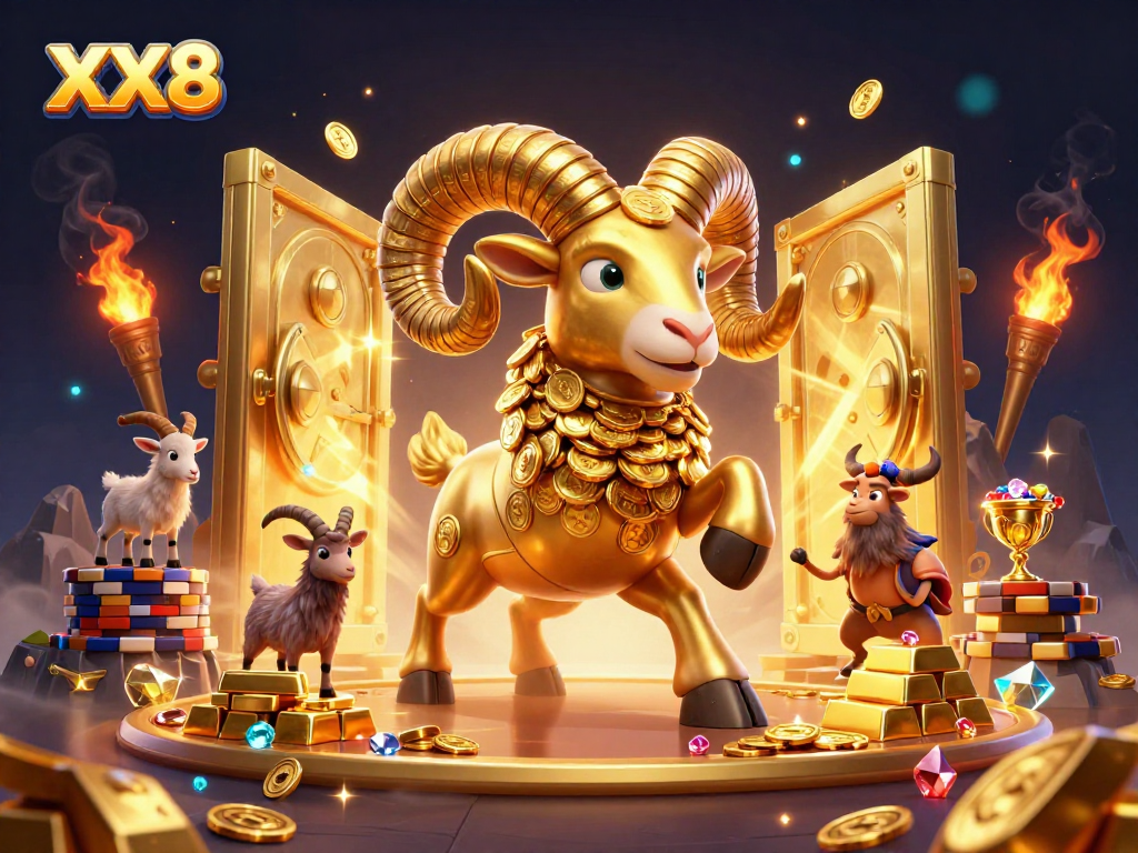 Engage with the thrilling world of XX 8 featuring a dynamic golden ram charging through a treasure vault