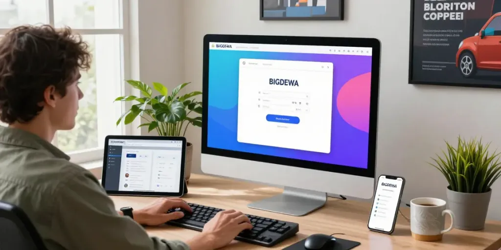 Engaging scene of BIGDEWA login interface on a desktop, showcasing user-friendly design and productivity elements in a modern workspace.