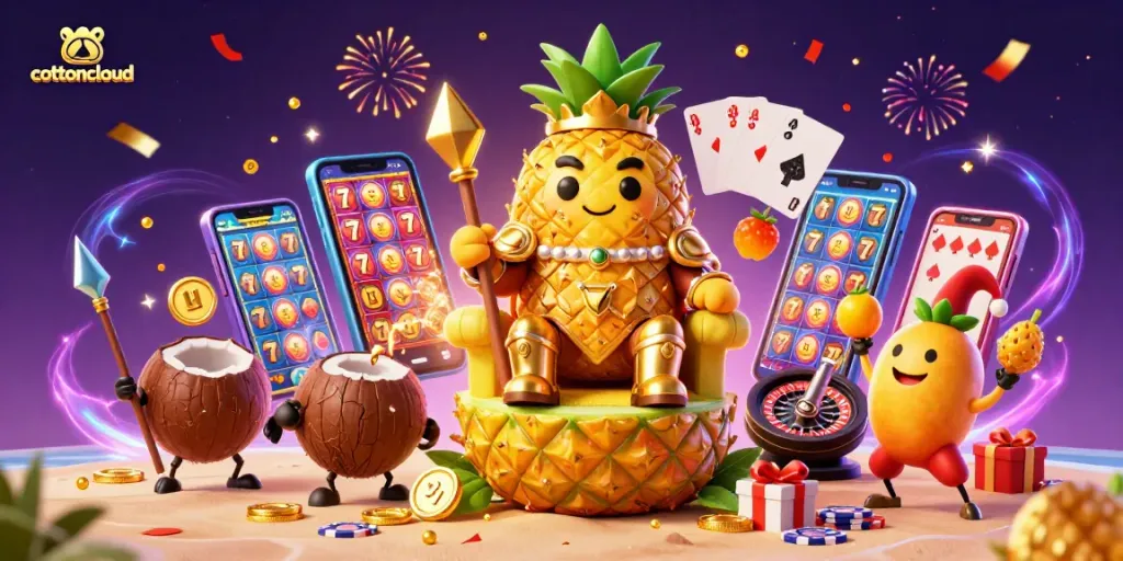 Cottoncloud presents a vibrant casino scene with a pineapple king and dynamic characters enjoying slot games.
