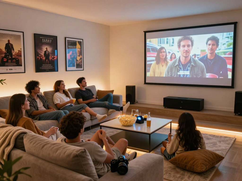 Friends enjoying a cozy movie night setup with Moviebox, snacks, and cinematic atmosphere.
