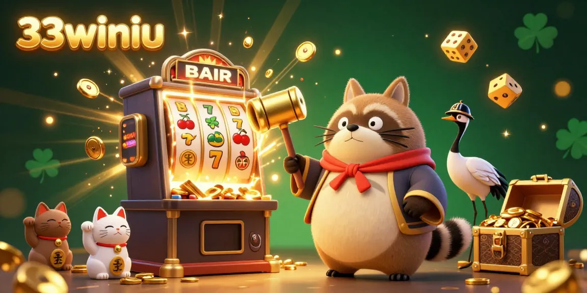 Experience the excitement of 33winiu with cheerful tanuki and vibrant casino elements in this action-packed scene.