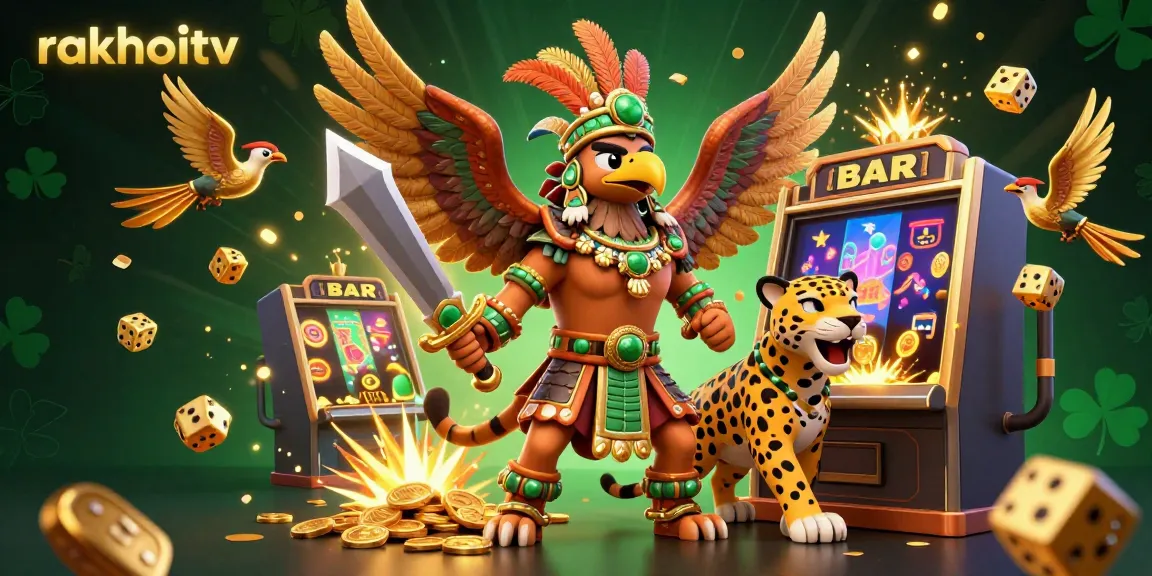 Experience thrilling gameplay with rakhoitv as a 3D Aztec warrior and jaguar celebrate a jackpot explosion.