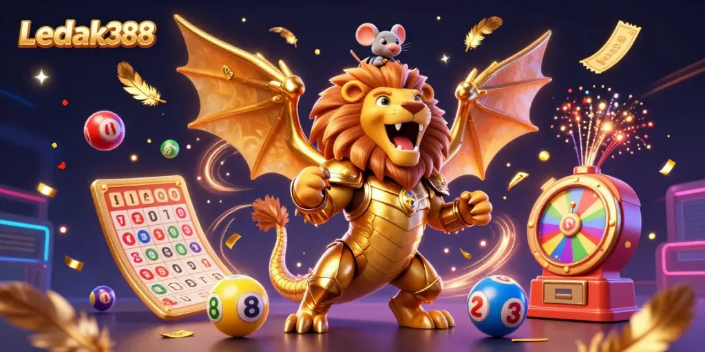 Experience thrilling gameplay with Ledak388's golden chimera and colorful lottery elements in a festive casino atmosphere.