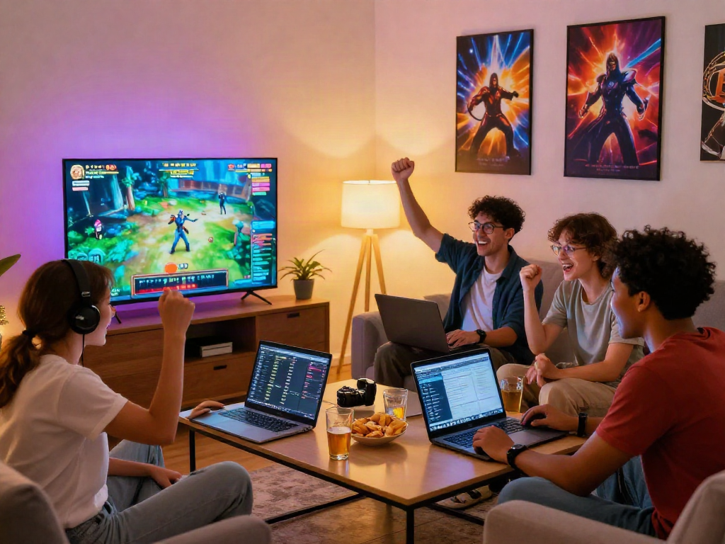 Group of friends enjoying a togel online gaming session with lively atmosphere.