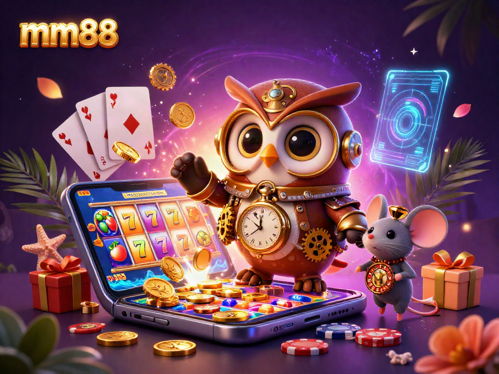 Engage in the exhilarating world of mm88 slots with a steampunk owl and dynamic gaming elements.