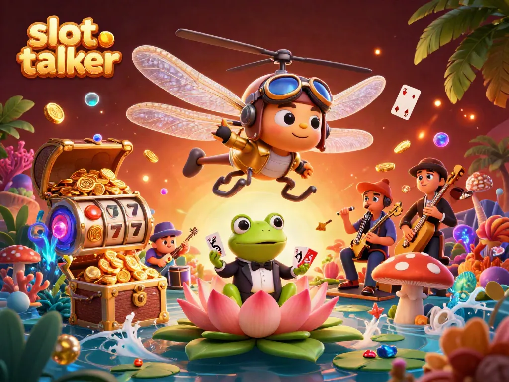 Experience dynamic gambling with the slot talker frog croupier dealing cards in an illustrated casino scene.