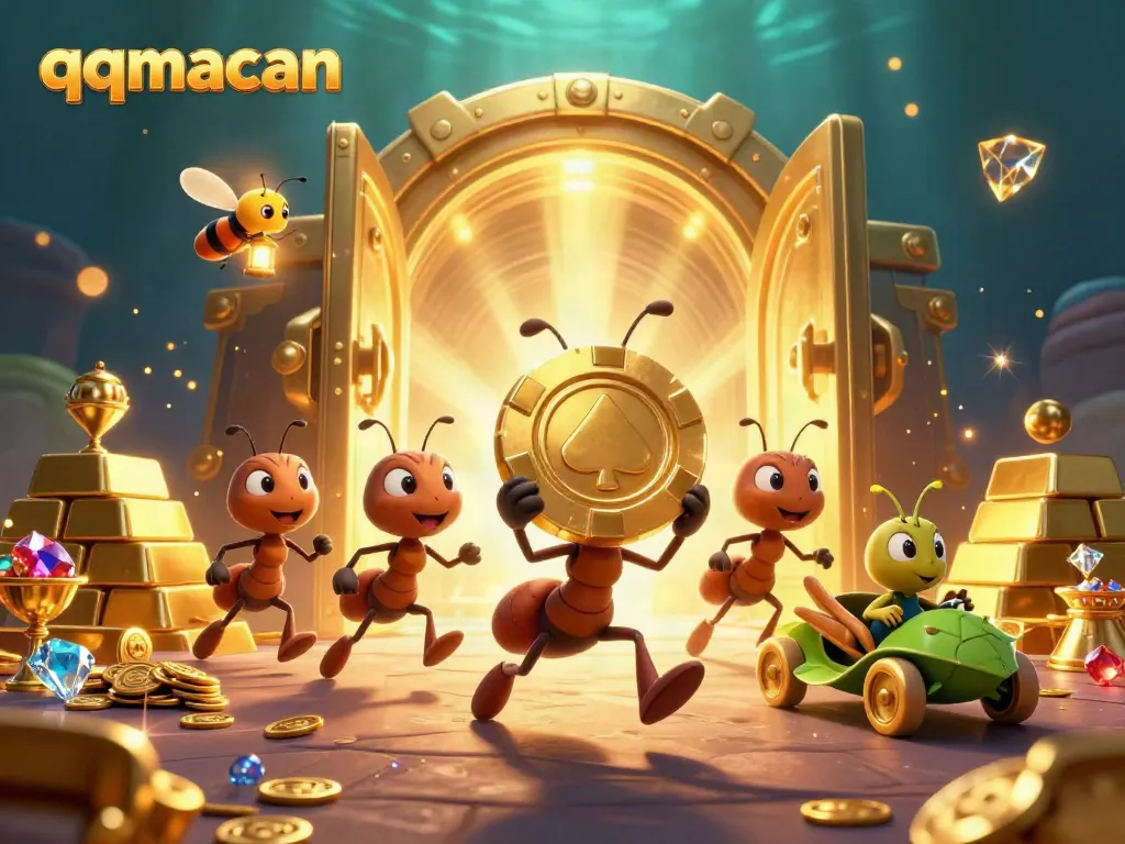 Ants carry a massive poker chip in a heist scene, enhanced with sparkling treasures and lighting effects at qqmacan.