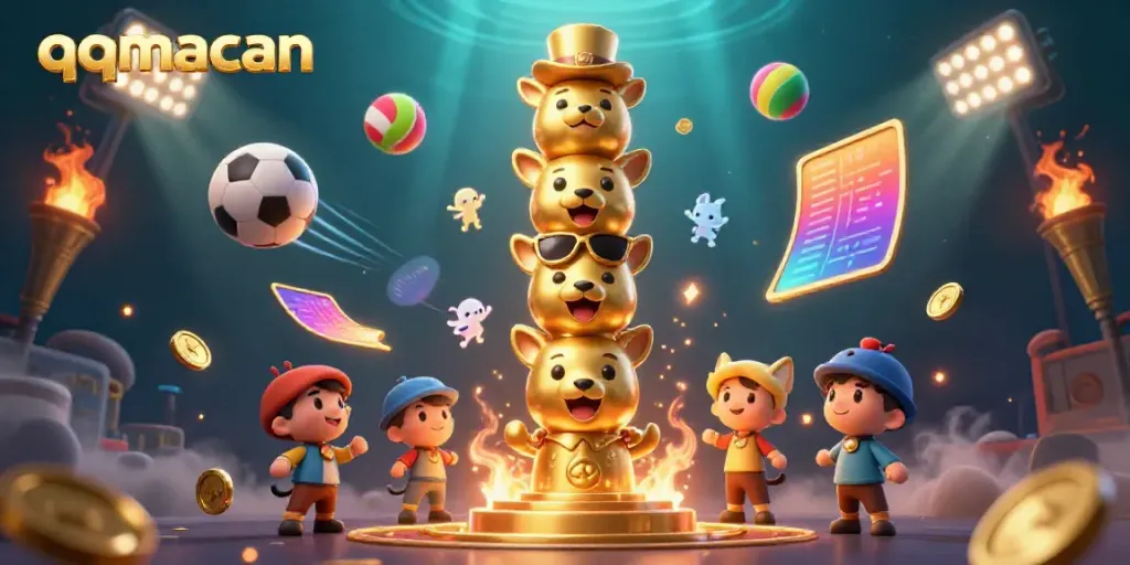 Experience the excitement of qqmacan with dynamic casino-themed illustrations featuring animated characters and sports elements.