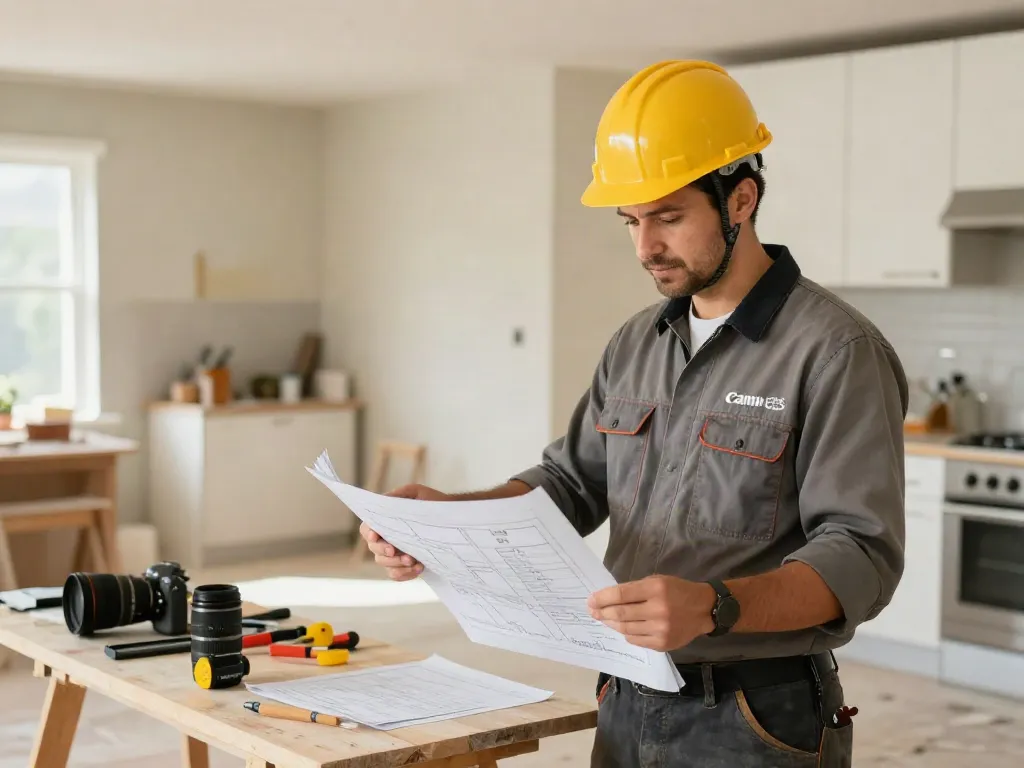 Wish4D local services with trusted contractor reviewing plans in home renovation.