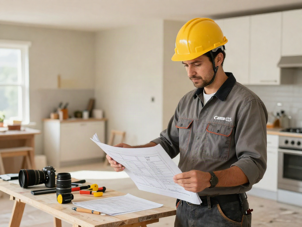Wish4D local services with trusted contractor reviewing plans in home renovation.