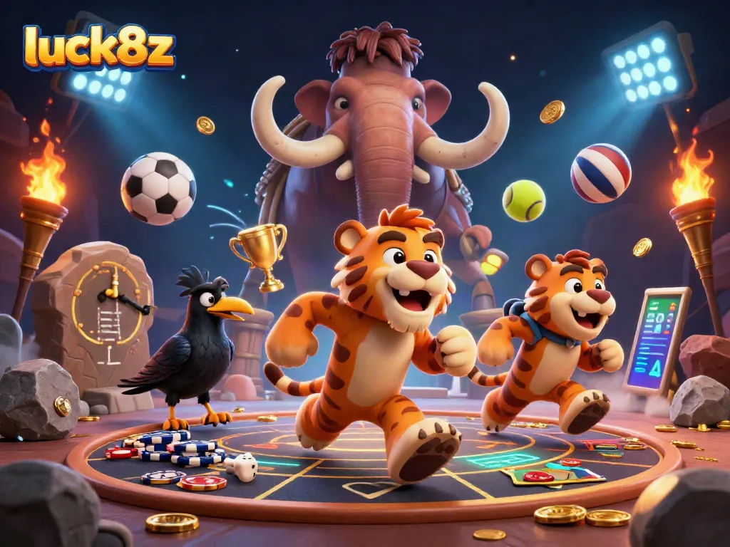 luck8z offers an exciting 3D view of a prehistoric casino with vibrant elements and characters.
