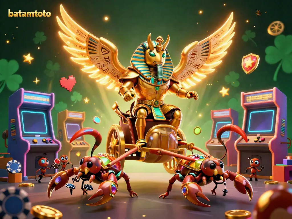 Experience the thrilling batamtoto gaming world with a vibrant 3D illustration featuring a golden scarab and scorpions.