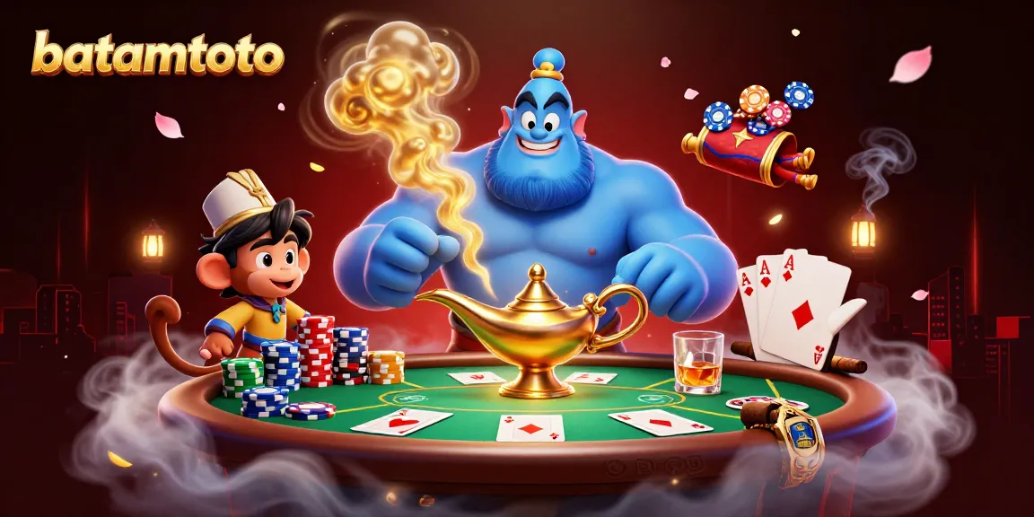 Experience batamtoto excitement with a genie and poker chips amidst vibrant casino elements.