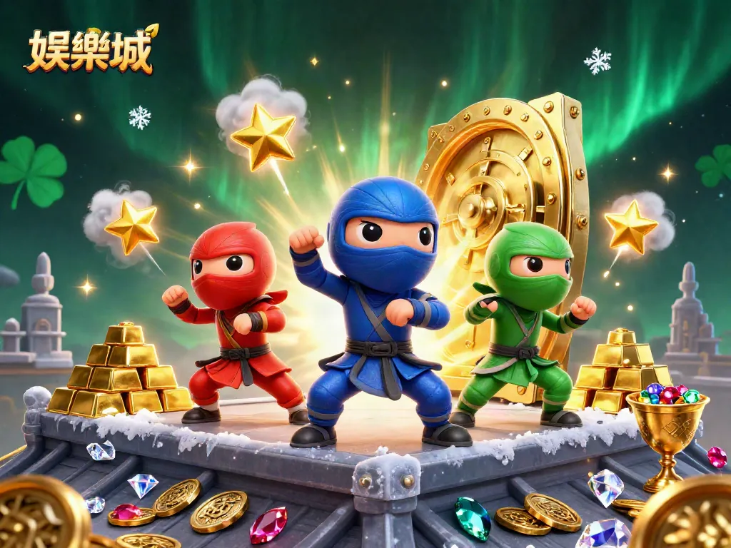 娛樂城中三只忍者變色龍穿著不同顏色的服裝，背景是金色寶藏散發光芒。