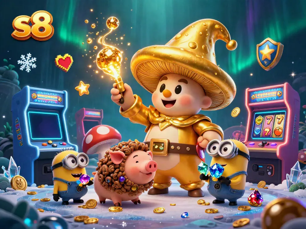 Join the magical S8 adventure with golden treasures and slot reels in a vibrant casino landscape.