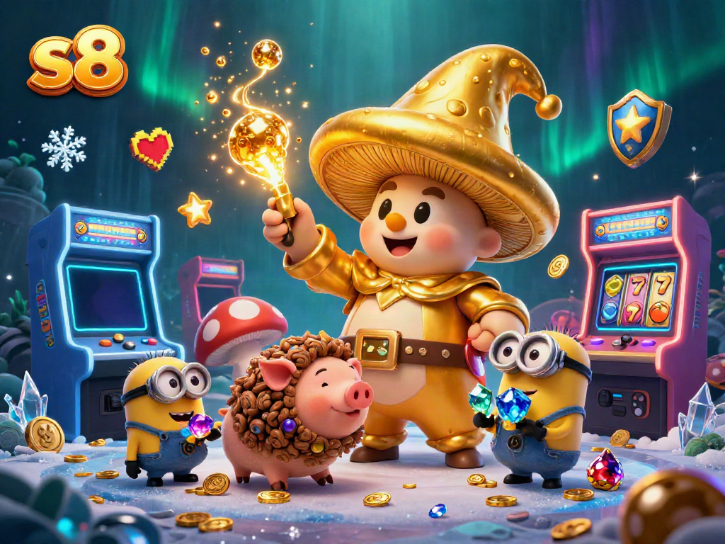 Join the magical S8 adventure with golden treasures and slot reels in a vibrant casino landscape.