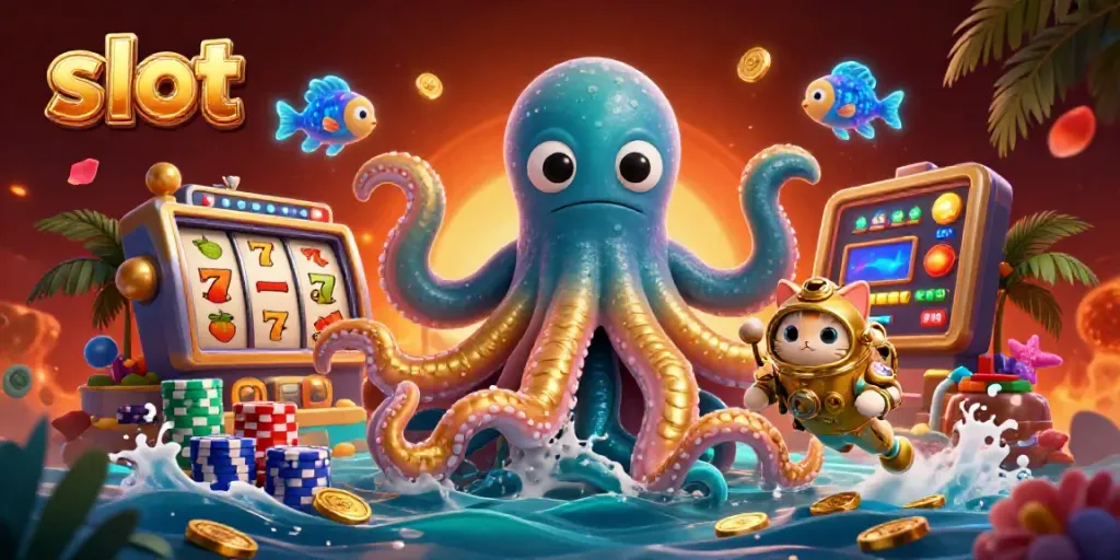 Experience thrilling slot games with a kraken and diving cat in this vibrant casino scene.