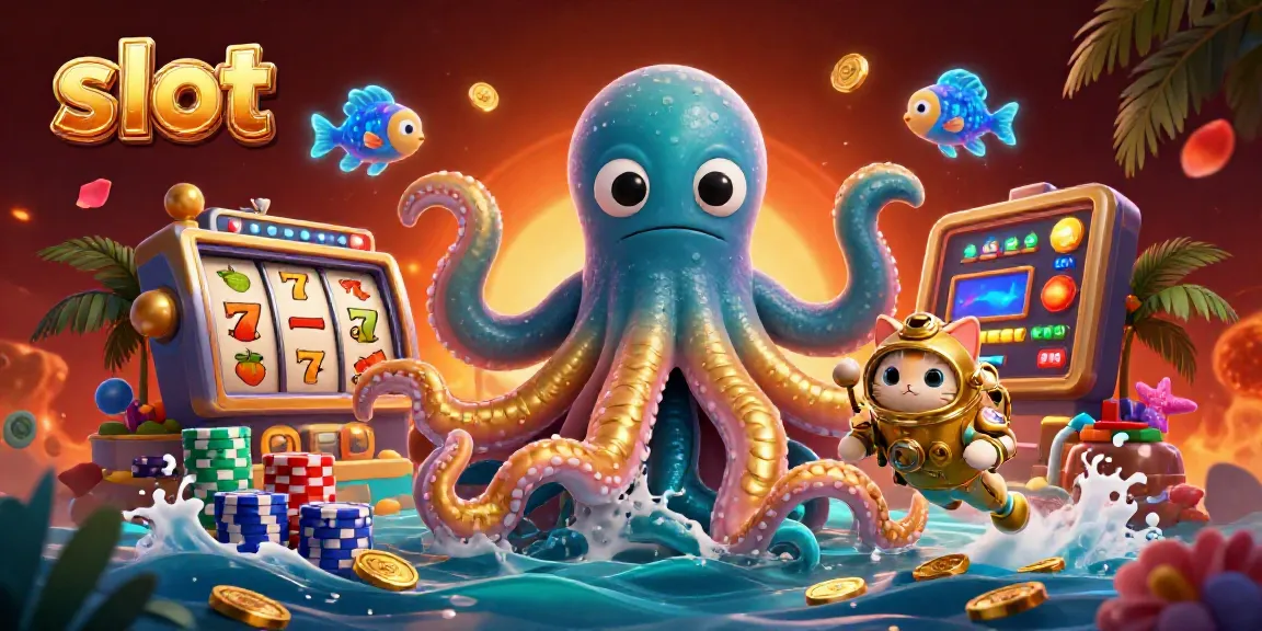 Experience thrilling slot games with a kraken and diving cat in this vibrant casino scene.