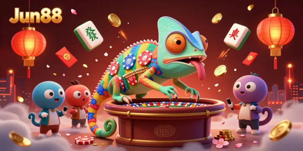 Experience the excitement of Jun88 casino culture with a vibrant chameleon owner amidst festive gambling elements.