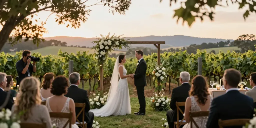 Professional wedding photographer Hunter Valley capturing an outdoor ceremony at sunset with emotional moments.