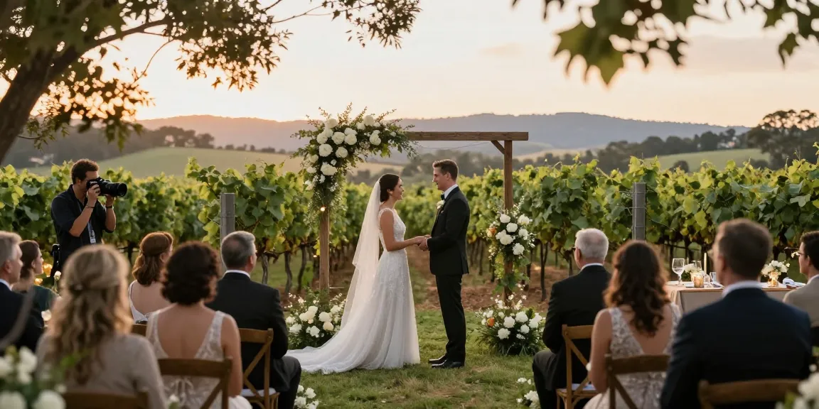 Professional wedding photographer Hunter Valley capturing an outdoor ceremony at sunset with emotional moments.