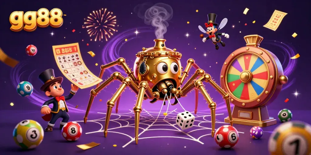 Engage with exciting gg88 casino games featuring a whimsical golden spider in a jackpot web.