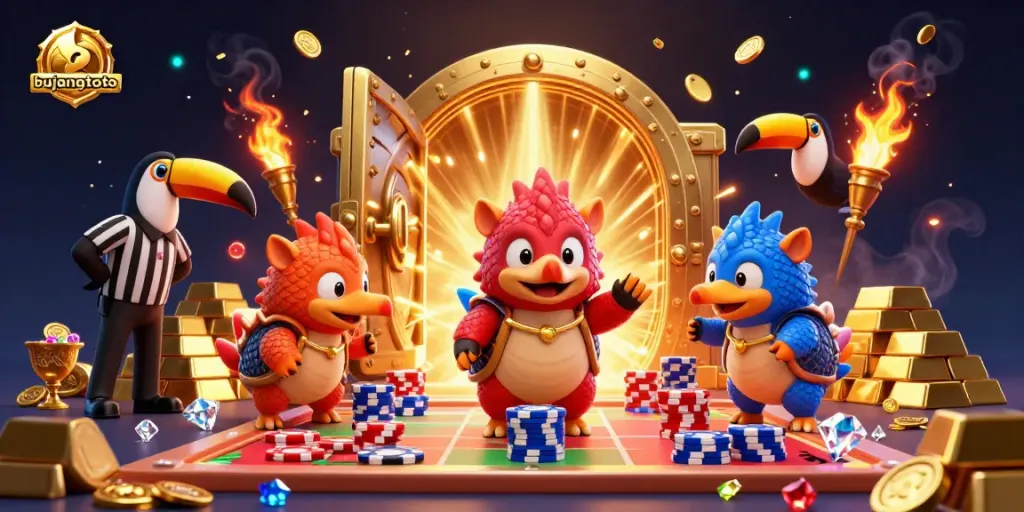 Experience the thrilling action of bujangtoto as rival pangolins bowl through poker chips amidst golden treasures.