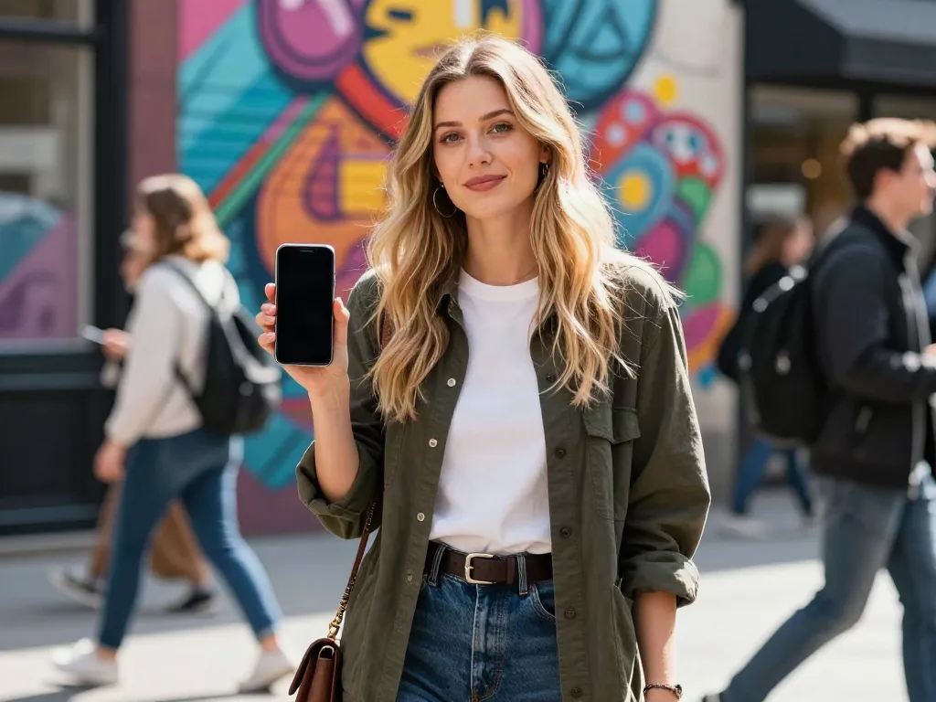 Chloe Sunderland confidently sharing her message in a vibrant urban setting.